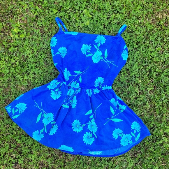 Blue vtg floral skirted one piece swimsuit size 14 - Picture 1 of 8